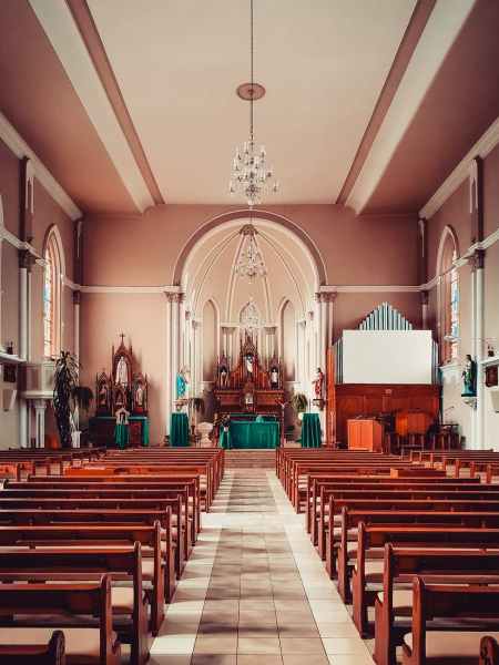 church interior with empty seats